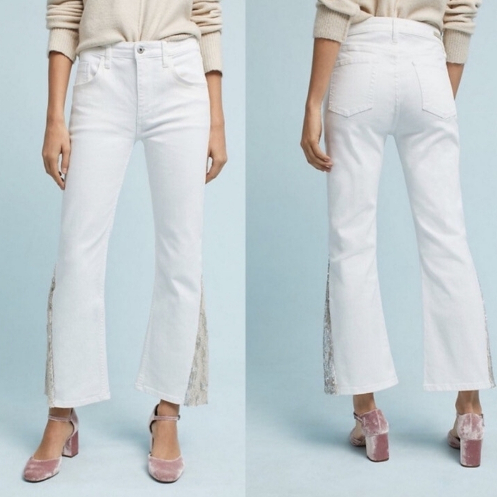 30 Anthropologie Pilcro and the Letterpress White Sequin‎ Flare Jeans